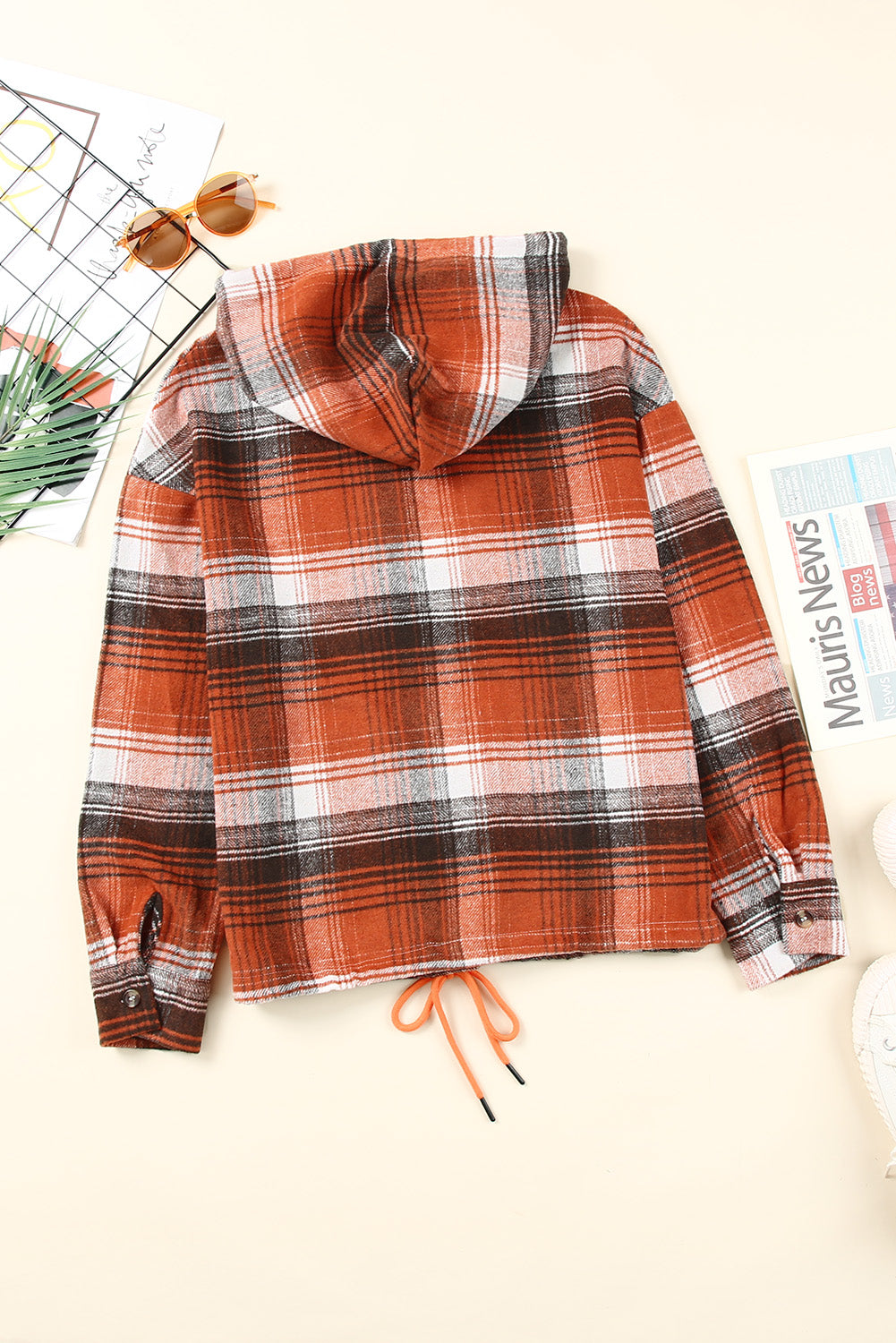 Plaid Drawstring Detail Hoodie with Pockets