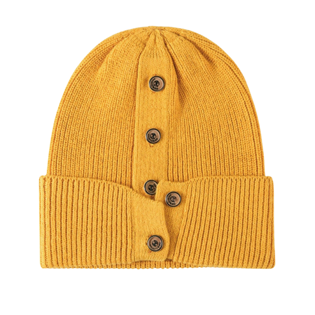 Button Detail Rib-Knit Cuff Beanie