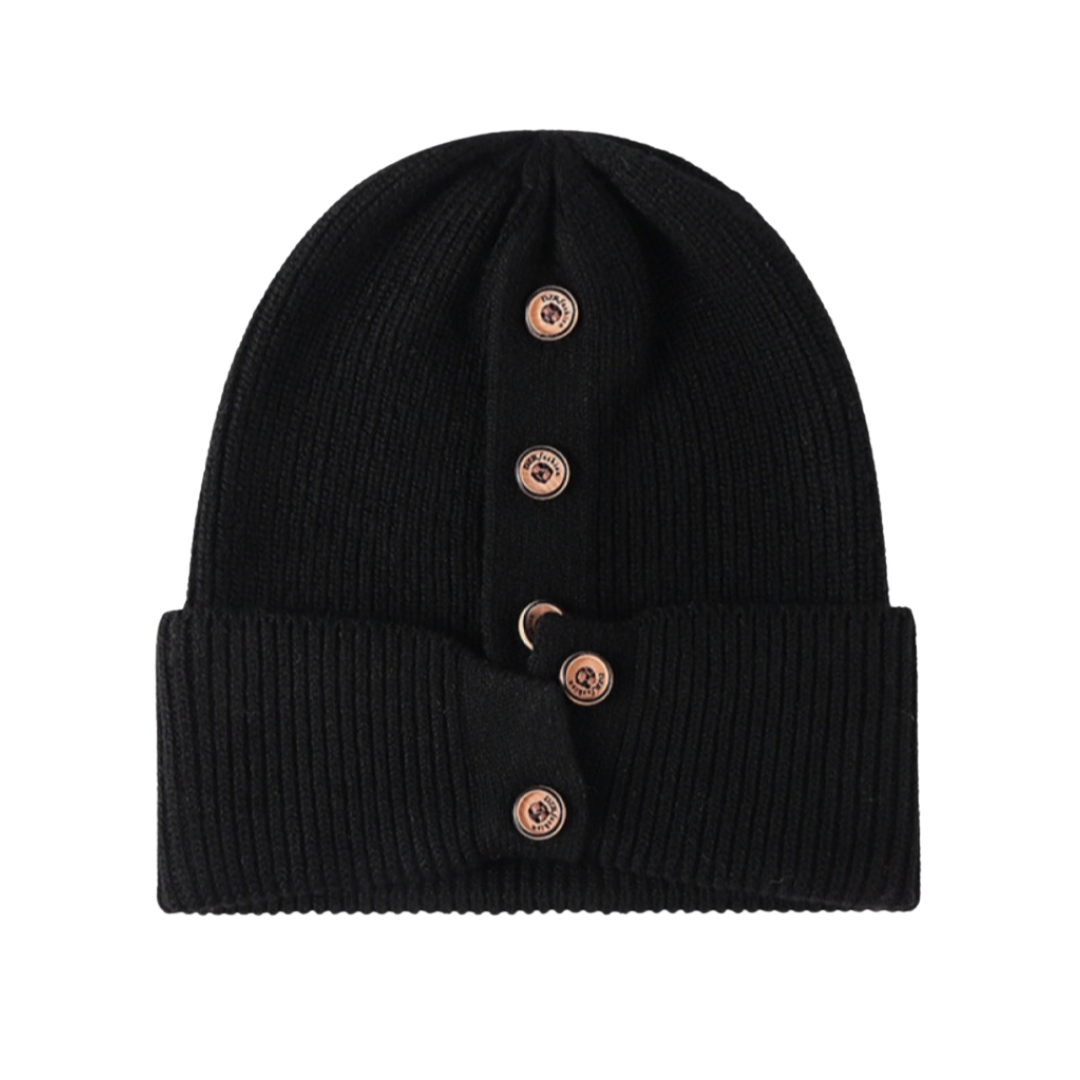 Button Detail Rib-Knit Cuff Beanie