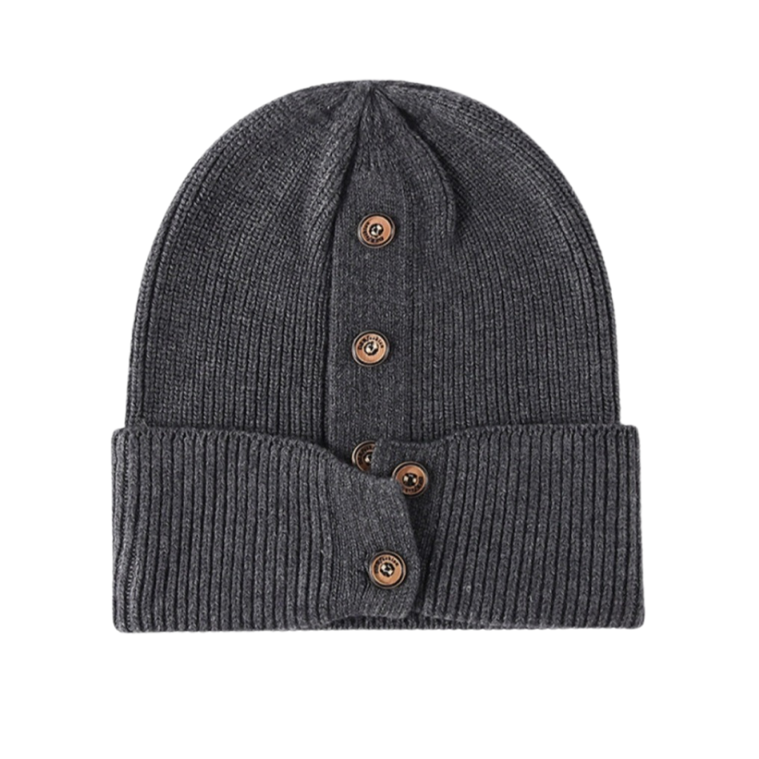 Button Detail Rib-Knit Cuff Beanie