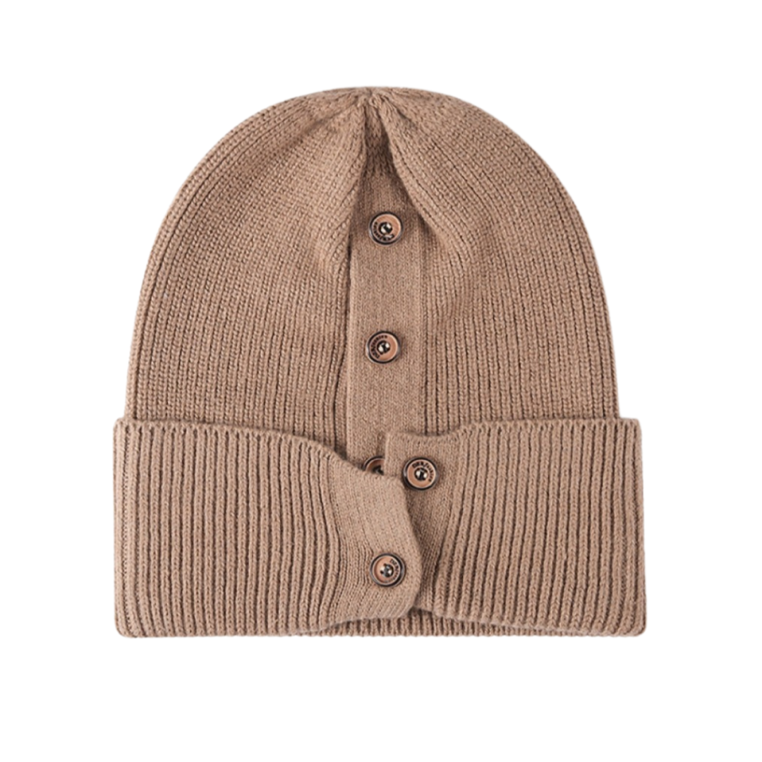 Button Detail Rib-Knit Cuff Beanie
