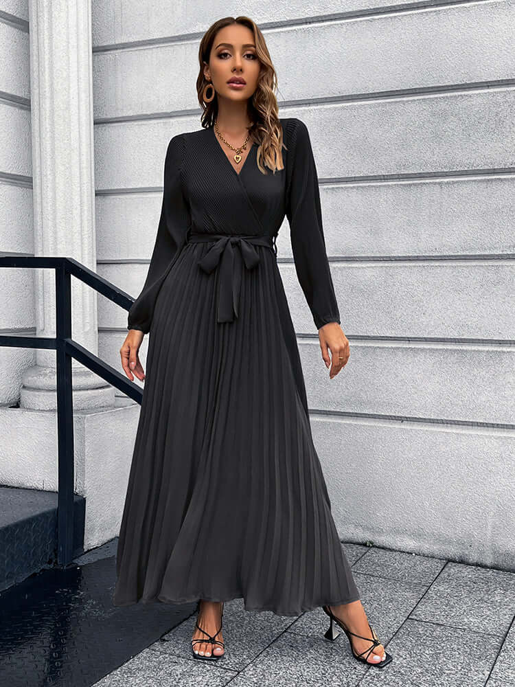 V-Neck Tie Waist Pleated Maxi Dress