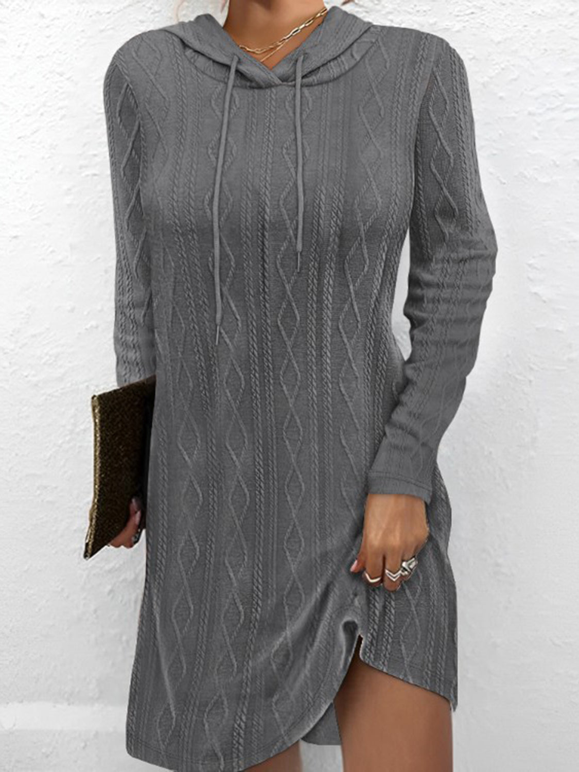 Textured Drawstring Long Sleeve Hooded Dress