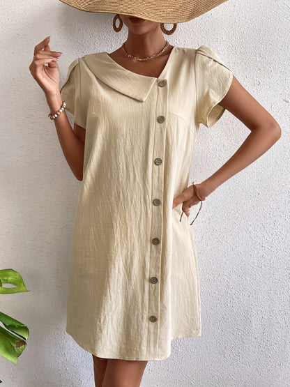 Decorative Button Asymmetrical Neck Short Sleeve Dress