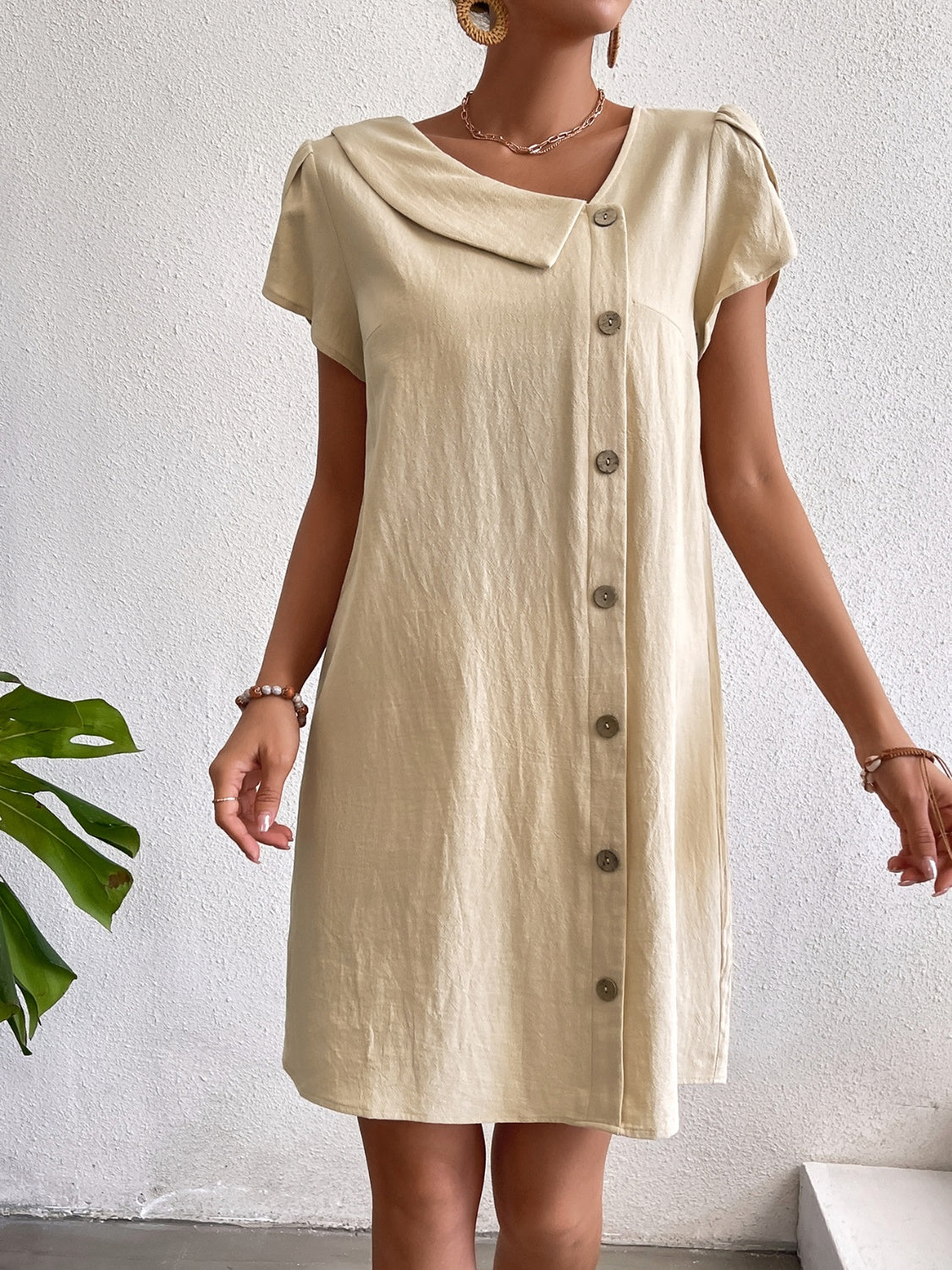 Decorative Button Asymmetrical Neck Short Sleeve Dress