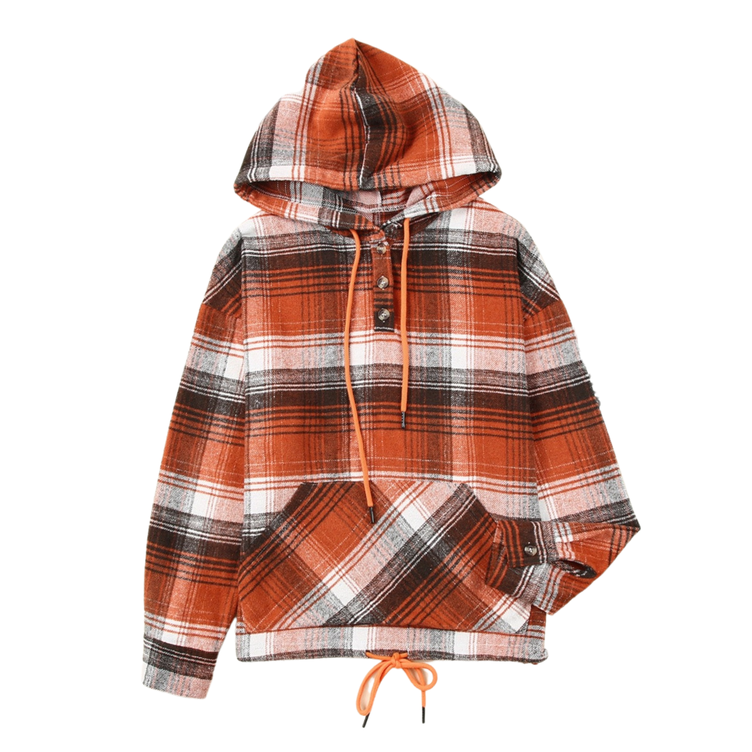 Plaid Drawstring Detail Hoodie with Pockets