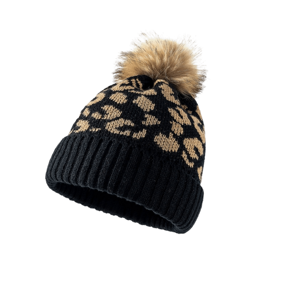 Leopard Pom-Pom Cuffed Beanie