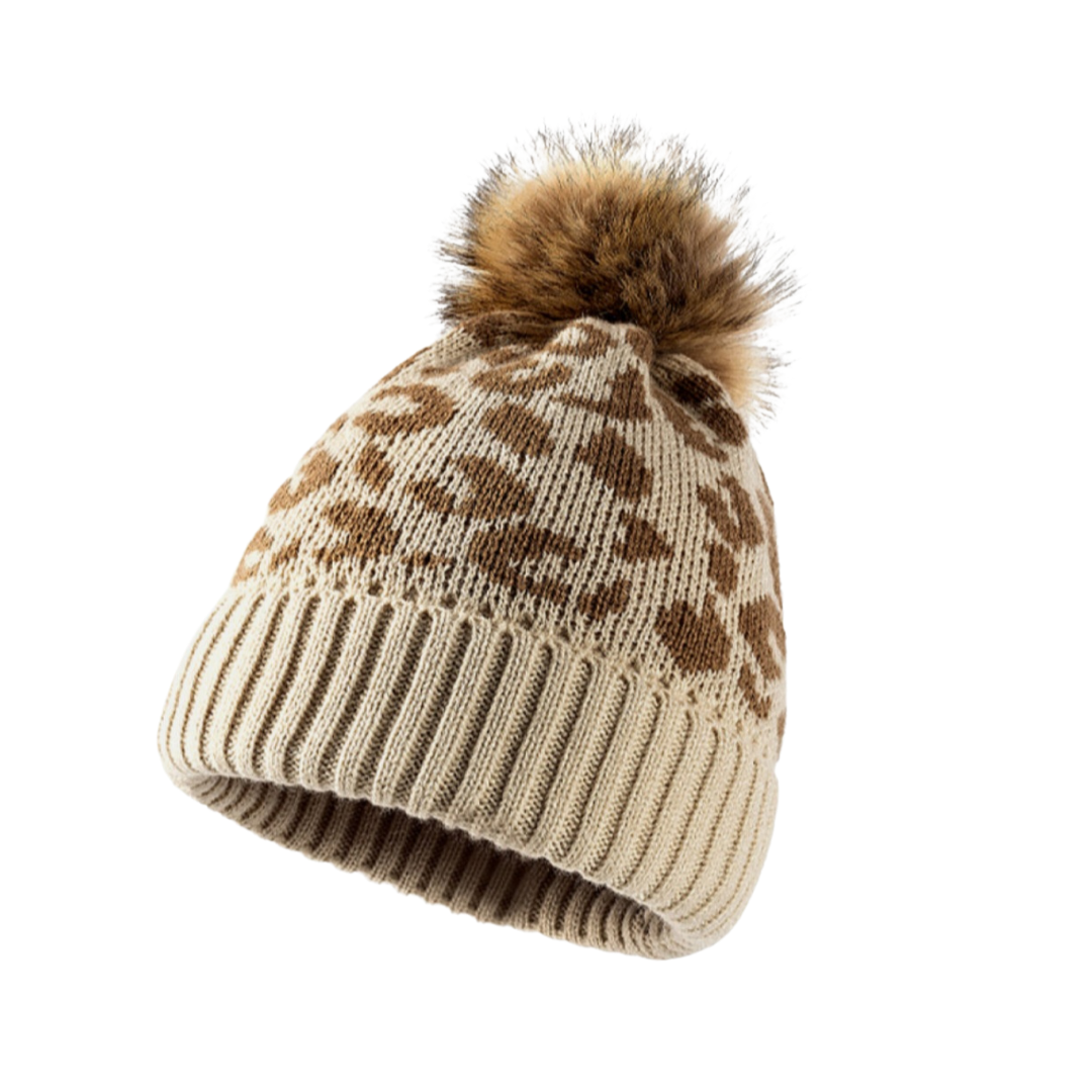 Leopard Pom-Pom Cuffed Beanie