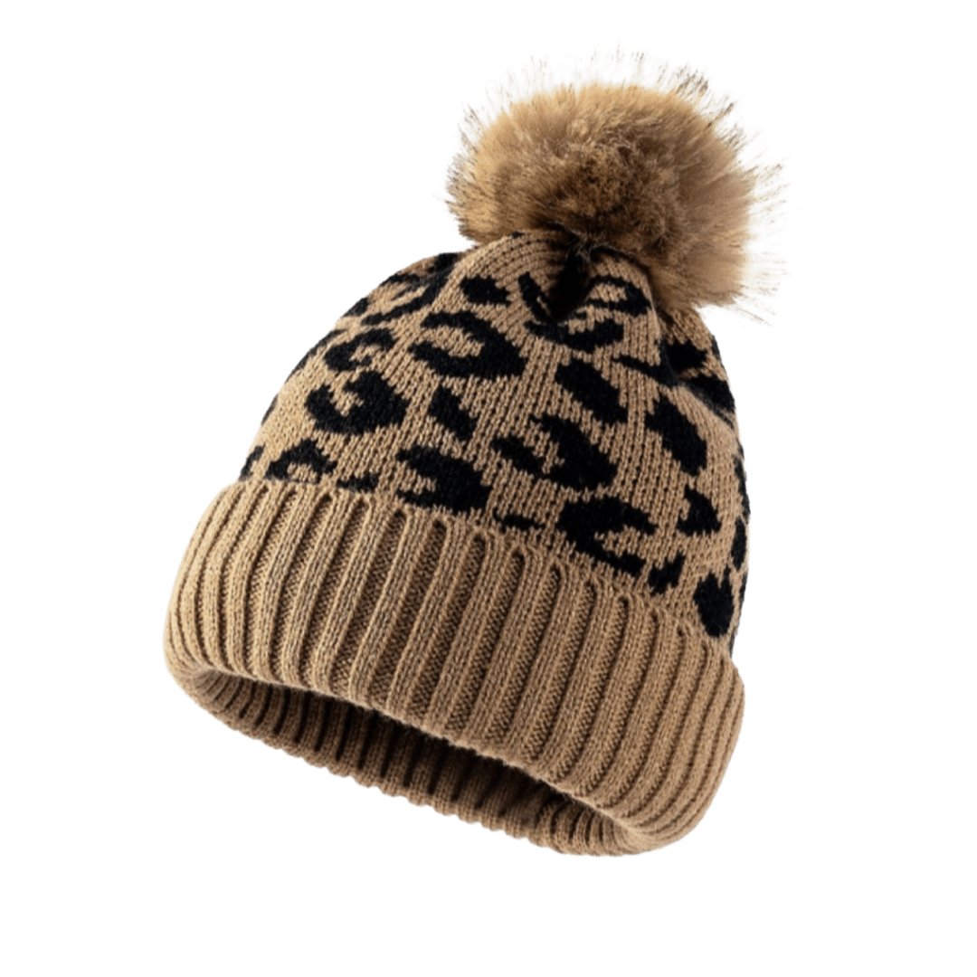 Leopard Pom-Pom Cuffed Beanie