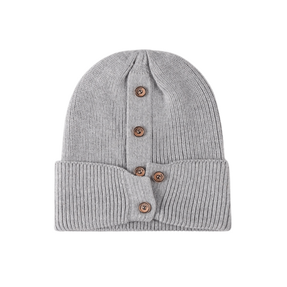 Button Detail Rib-Knit Cuff Beanie