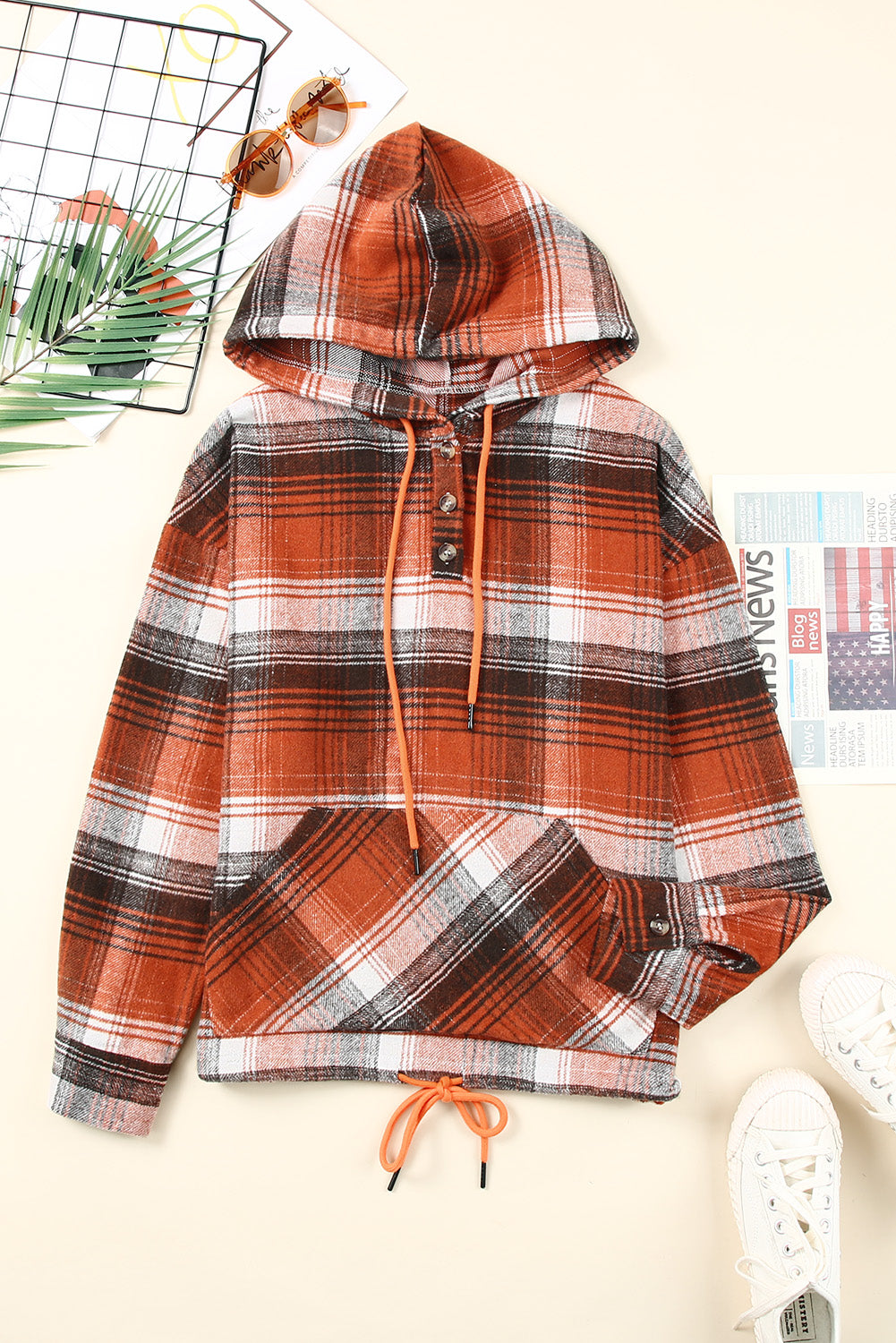 Plaid Drawstring Detail Hoodie with Pockets
