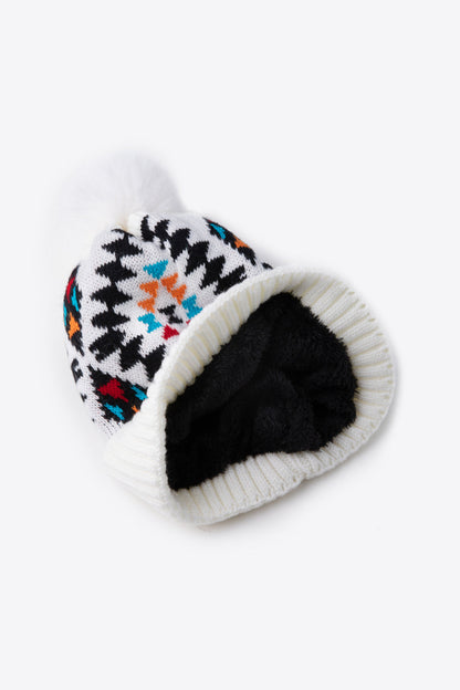 Geometric Pom-Pom Cuffed Beanie