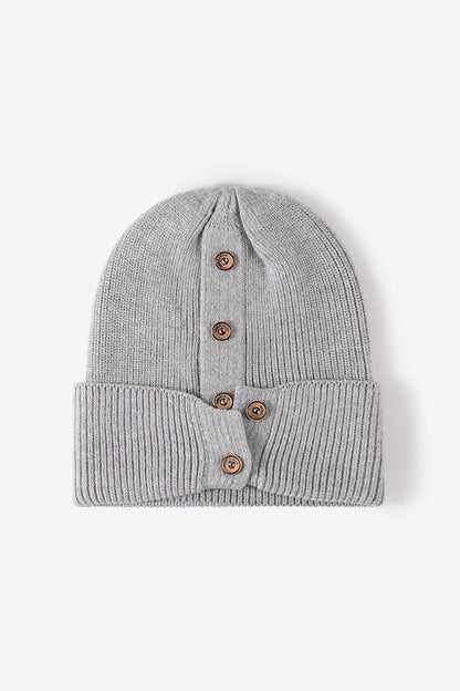 Button Detail Rib-Knit Cuff Beanie