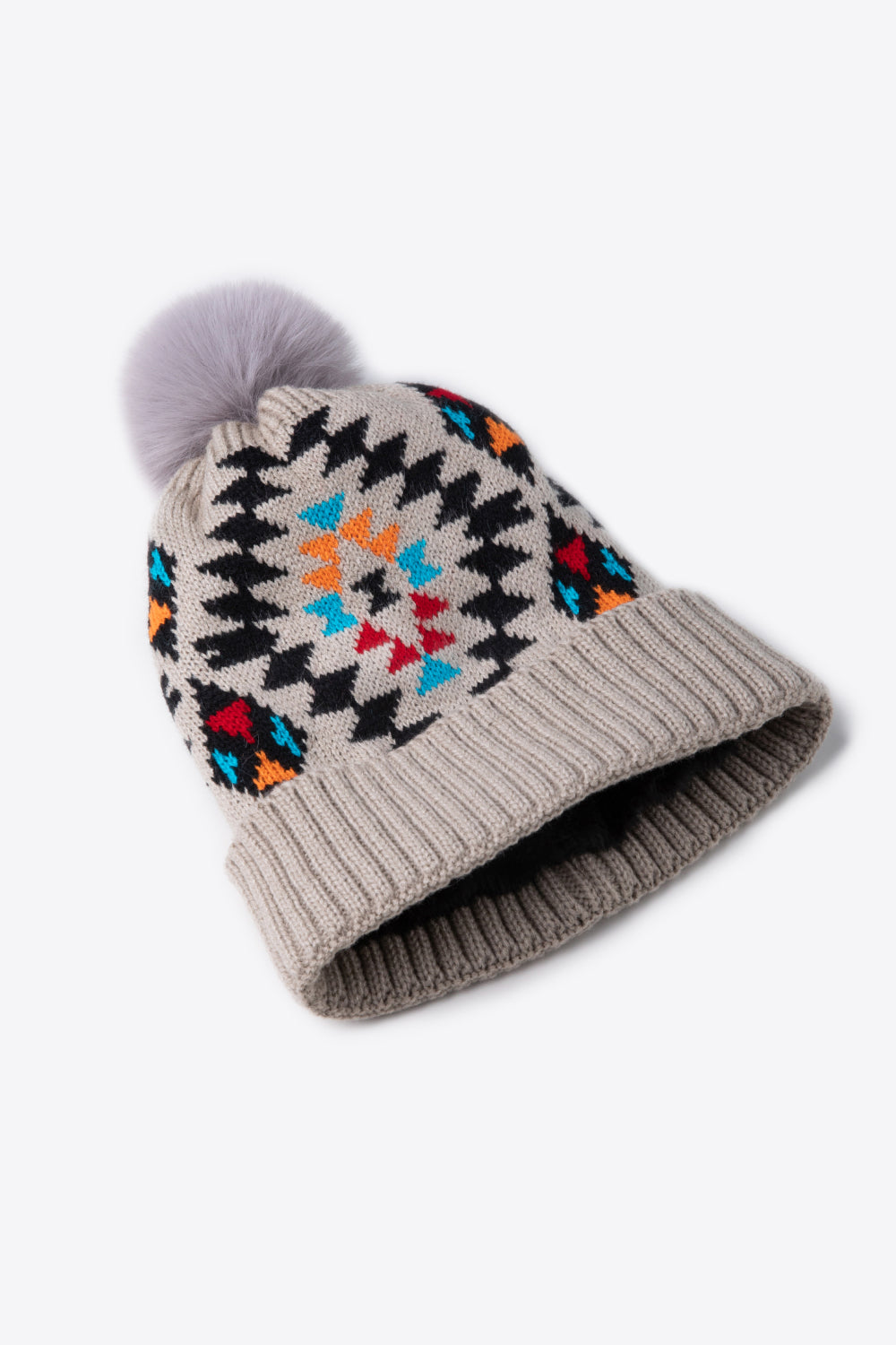 Geometric Pom-Pom Cuffed Beanie