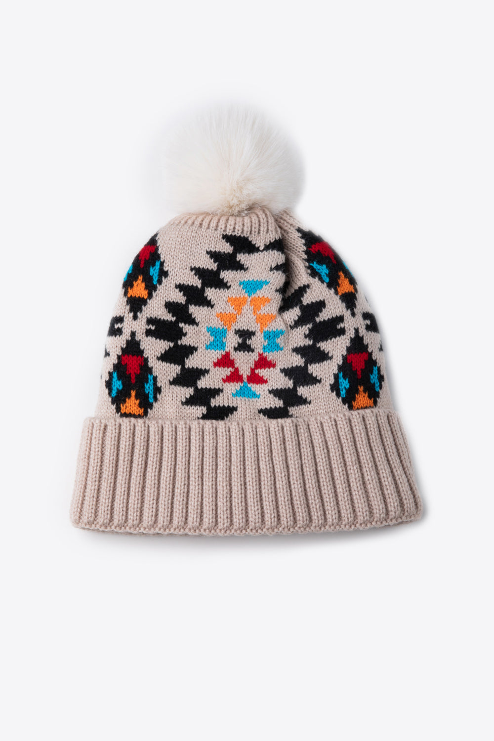 Geometric Pom-Pom Cuffed Beanie