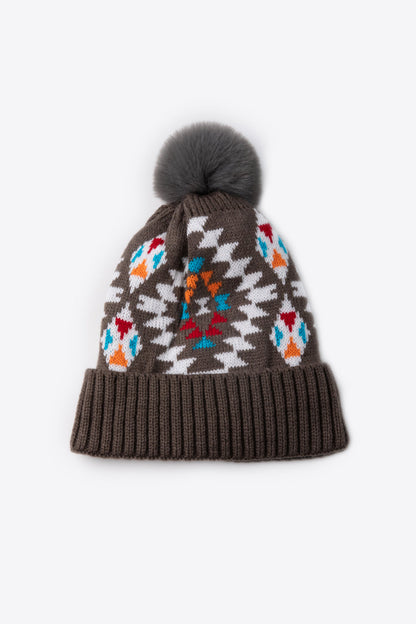 Geometric Pom-Pom Cuffed Beanie