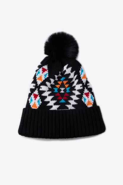 Geometric Pom-Pom Cuffed Beanie