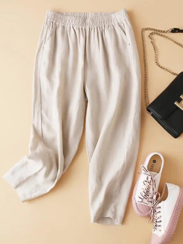 Cotton and linen cropped pants women&